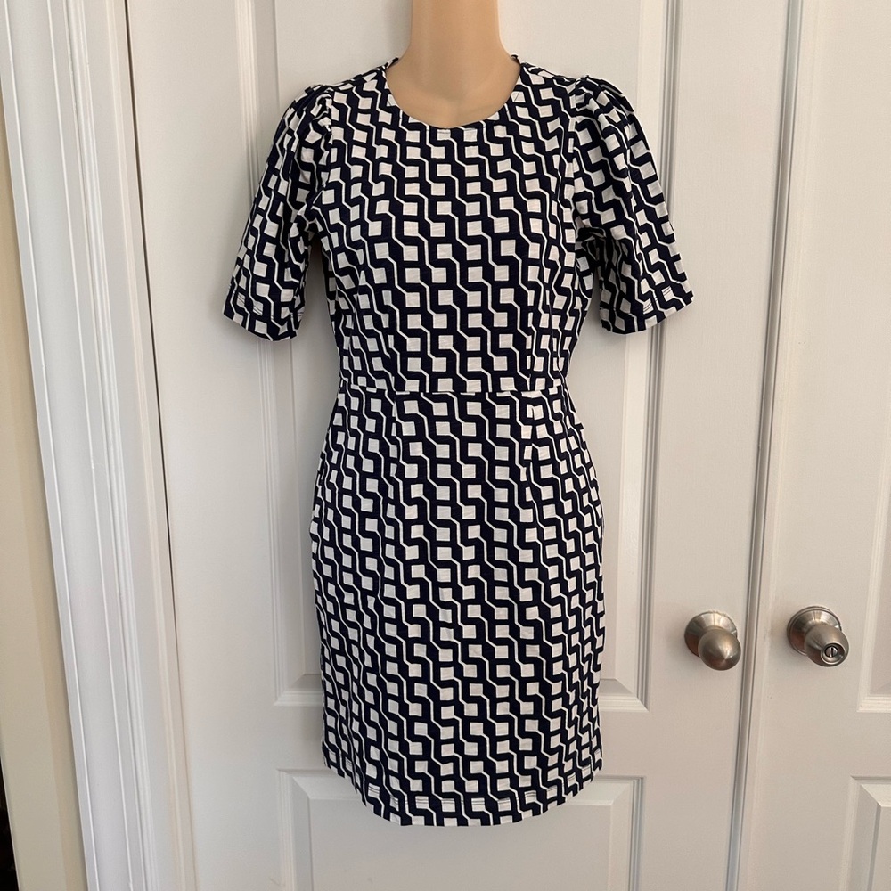 Boden Zoe Geometric Jersey 100% Cotton Dress w/ POCKETS Navy White‎